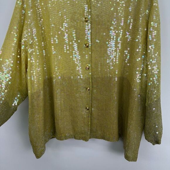 Sandy Starkman Woman’s Yellow Dip Dye All Over Iridescent Sequin Button Down Blo - Picture 6 of 7